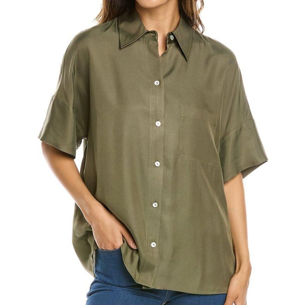 NEW Vince Silk Blend Utility Button-Up Green Tea Leaf Oversized Short Sleeve XL